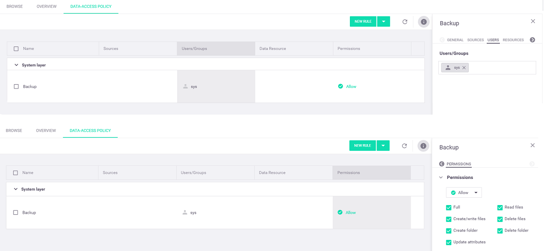 Predefined system-layer backup data-access policy rule