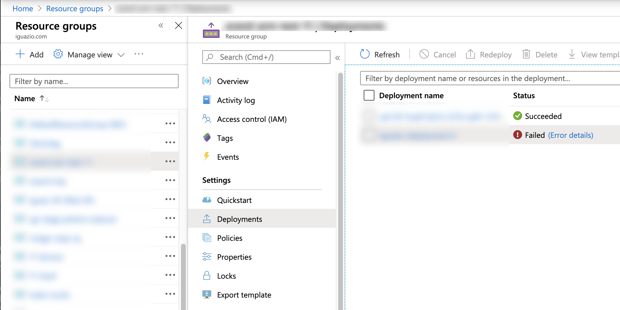 Azure portal - deployments settings